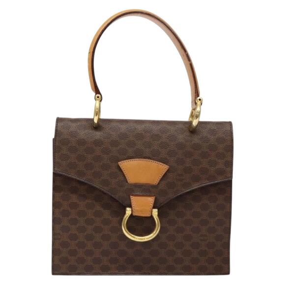 CELINE Macadam Canvas Hand Bag Pvc Leather Brown Gold - Picture 2 of 13